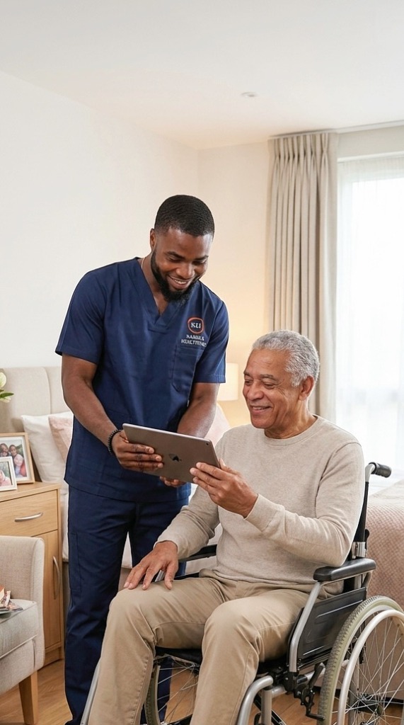 Karisla Healthcare support worker helping a client with a digital tablet